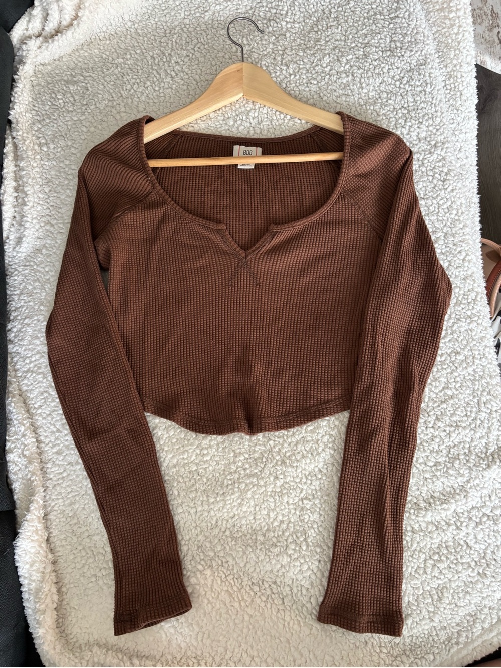 BDG Brown Waffle-Knit Scoop Neck Crop Long Sleeve Top